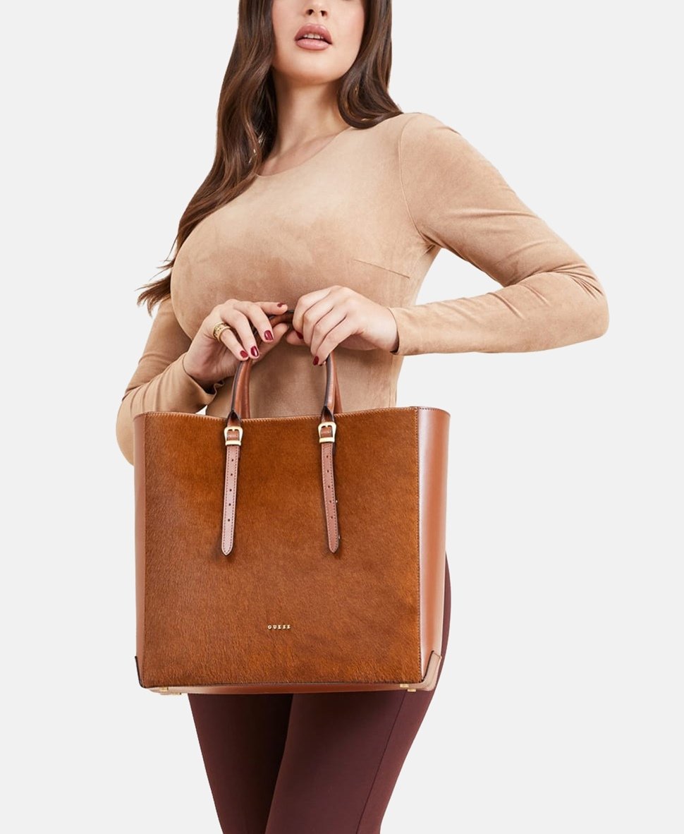 Guess kožená kabelka tote Hnědá 5